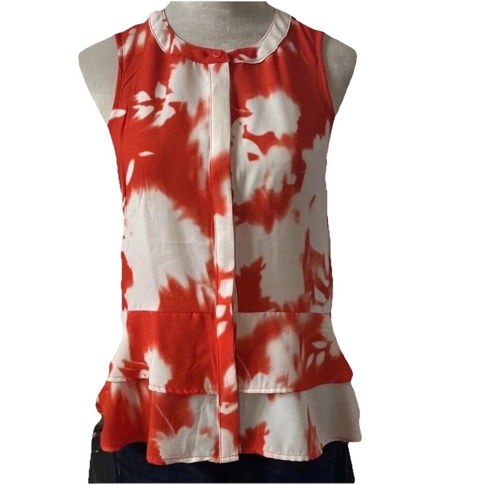 Simply Vera Wang Women’s Sleeveless Blouse Button Peplum Orange White  XS New